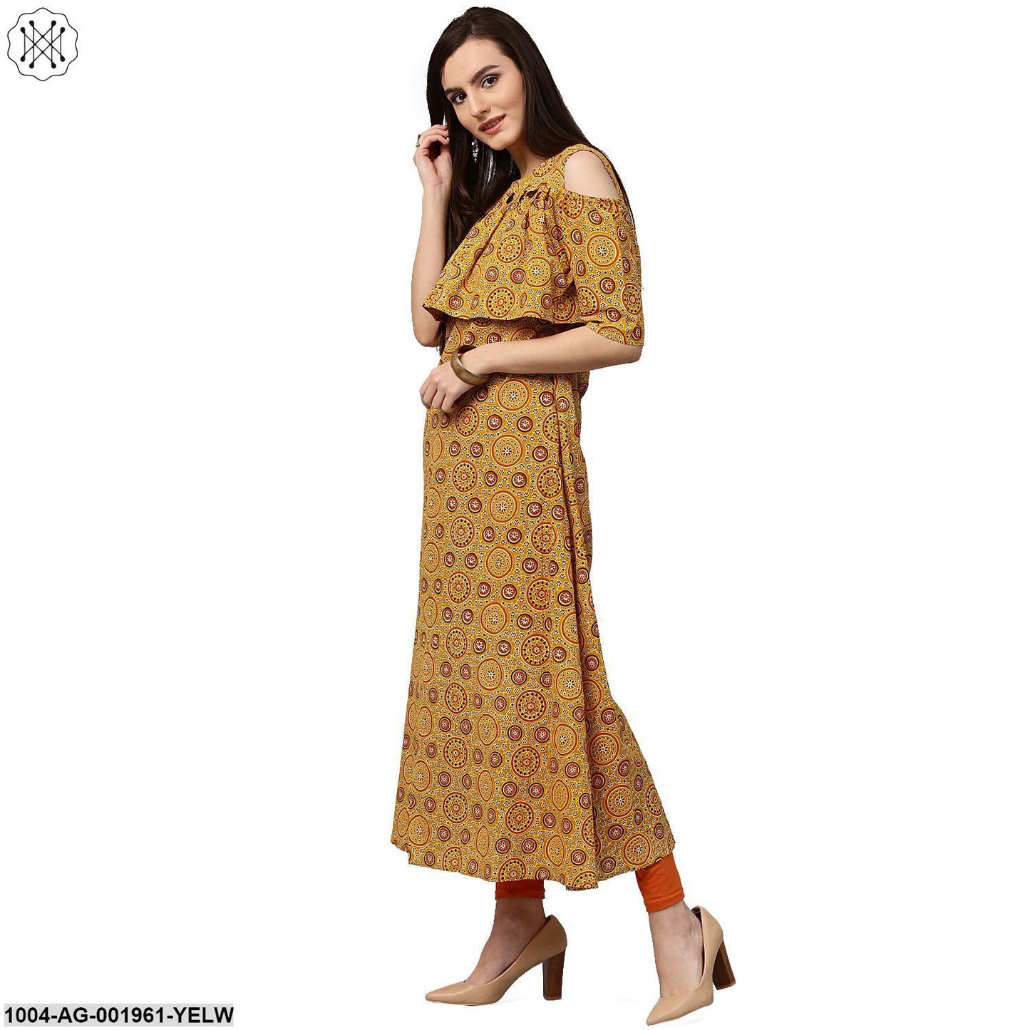 Yellow Printed Sleeveless Cotton A-Line Kurta