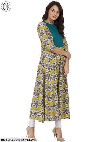 Yellow & Grey Printed 3/4Th Sleeve Cotton Anarkali Kurta