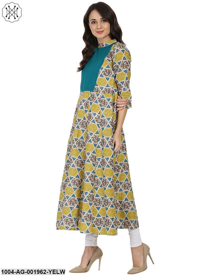 Yellow & Grey Printed 3/4Th Sleeve Cotton Anarkali Kurta