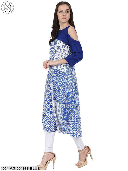 Blue Printed 3/4Th Sleeve Cold Shoulder A-Line Kurta