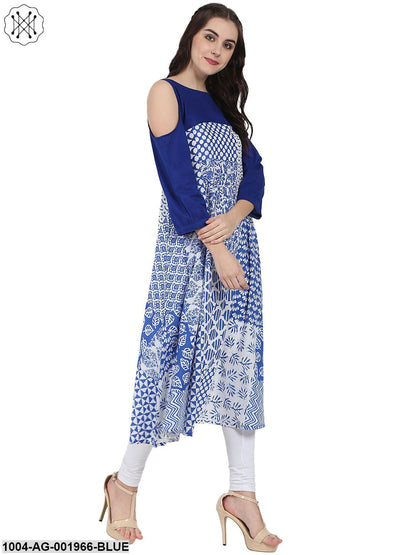 Blue Printed 3/4Th Sleeve Cold Shoulder A-Line Kurta