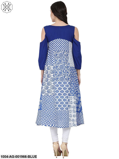 Blue Printed 3/4Th Sleeve Cold Shoulder A-Line Kurta