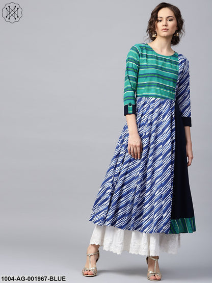 Blue & Green Striped 3/4Th Sleeve Cotton Anarkali Kurta