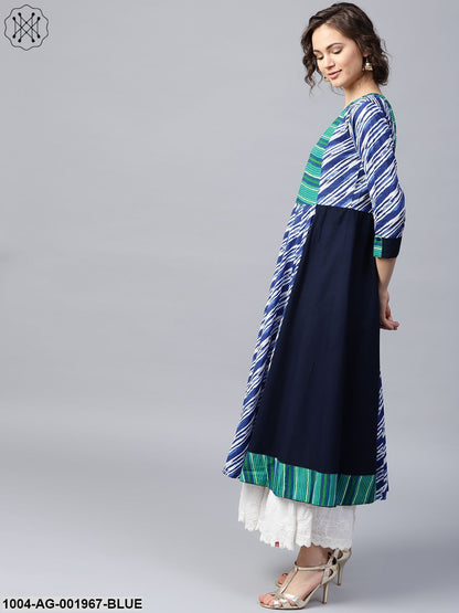 Blue & Green Striped 3/4Th Sleeve Cotton Anarkali Kurta