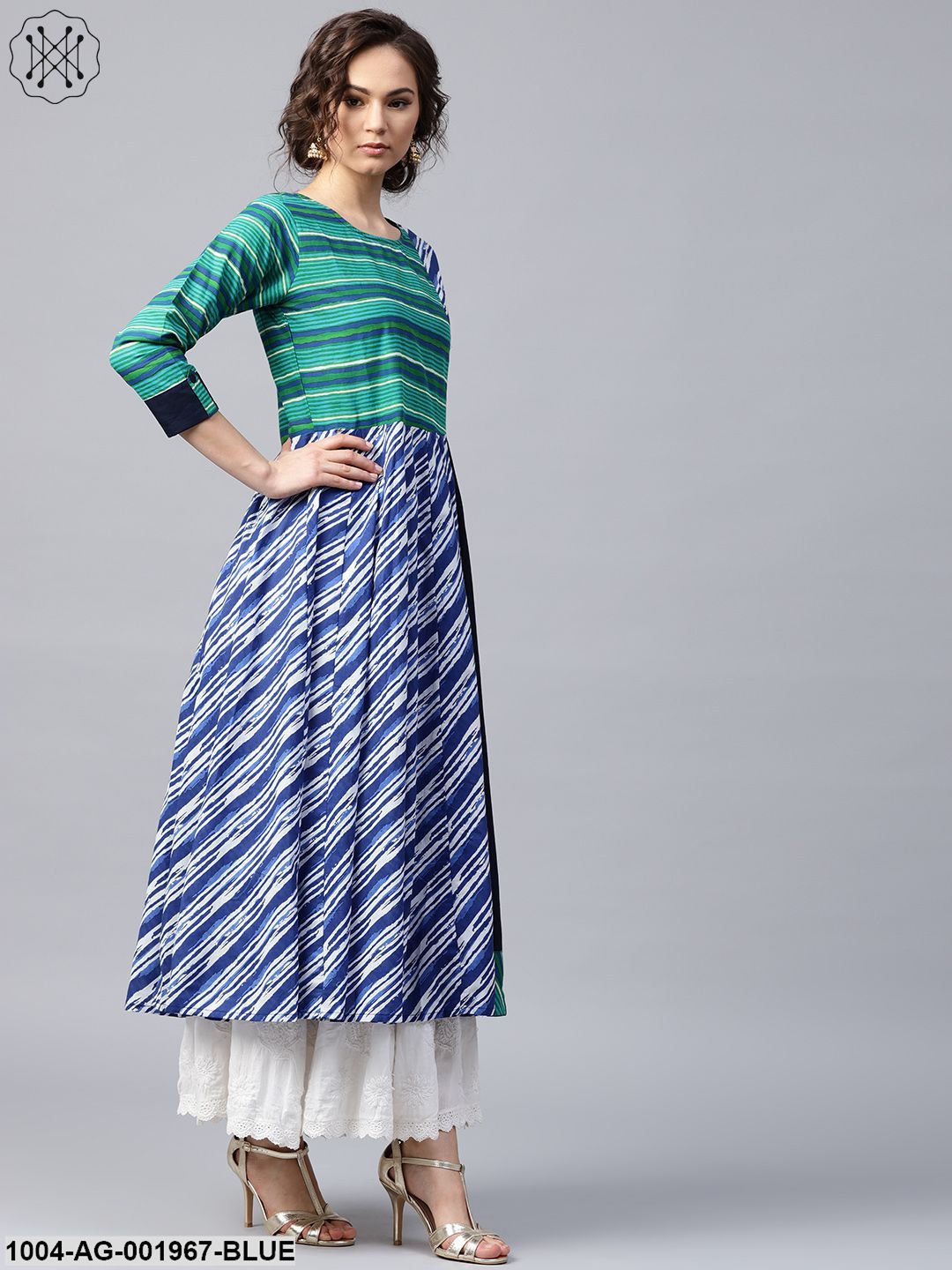 Blue & Green Striped 3/4Th Sleeve Cotton Anarkali Kurta