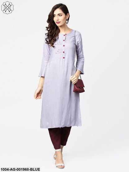 Blue 3/4Th Sleeve Rayon Straight Kurta