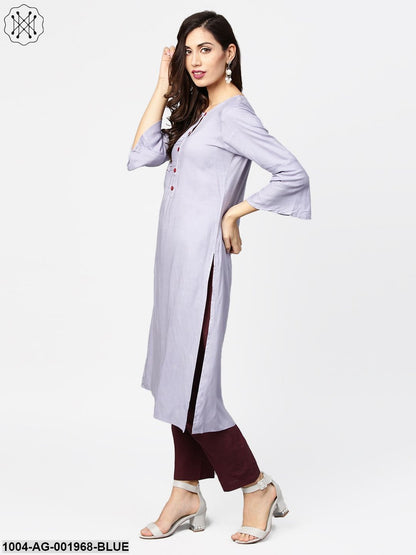 Blue 3/4Th Sleeve Rayon Straight Kurta