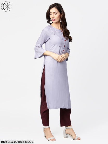 Blue 3/4Th Sleeve Rayon Straight Kurta