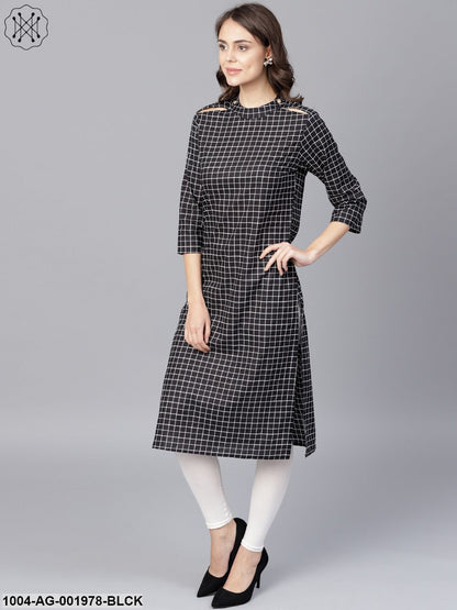 Black Check 3/4Th Sleeve Cotton Kurta