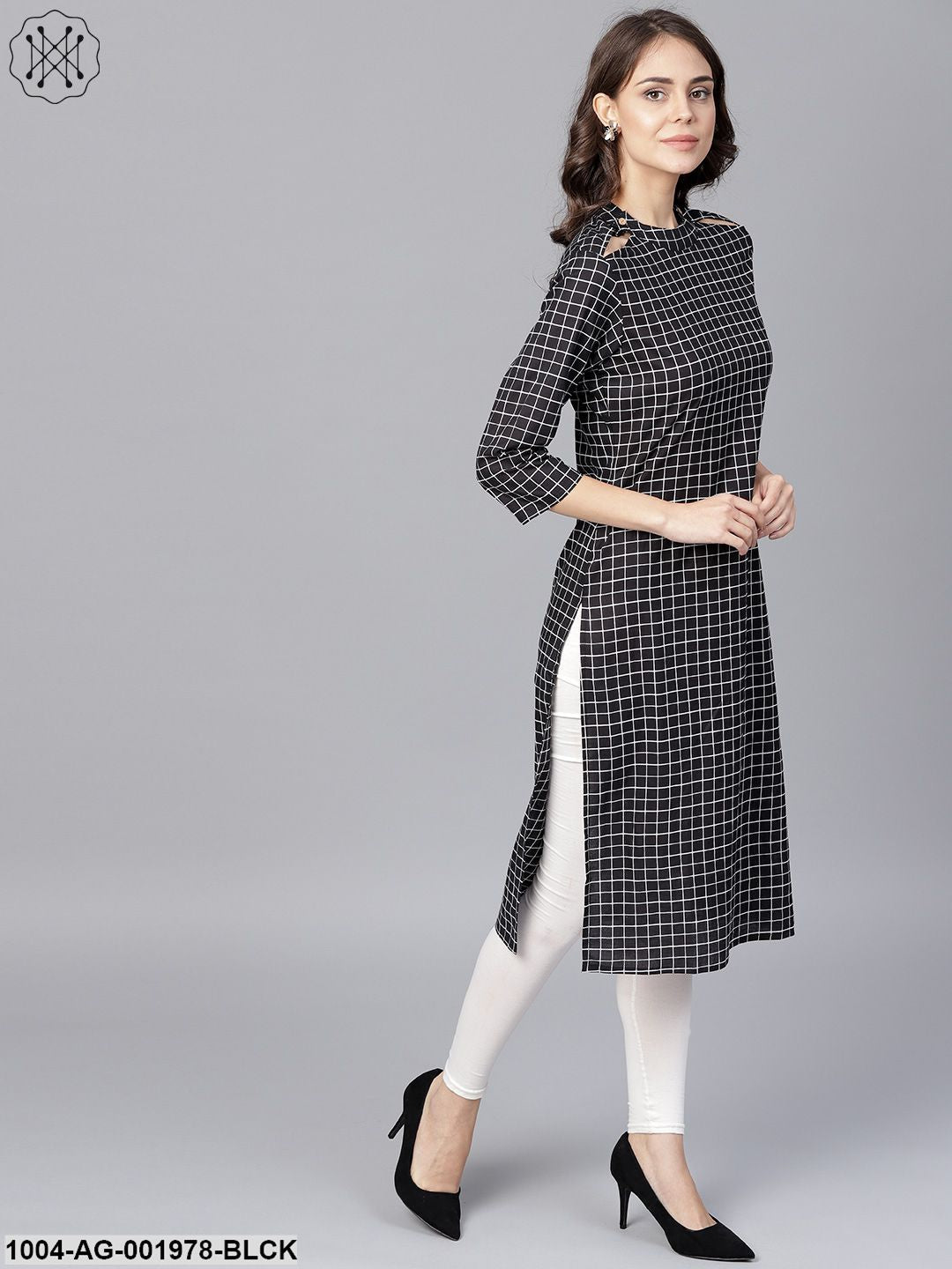 Black Check 3/4Th Sleeve Cotton Kurta