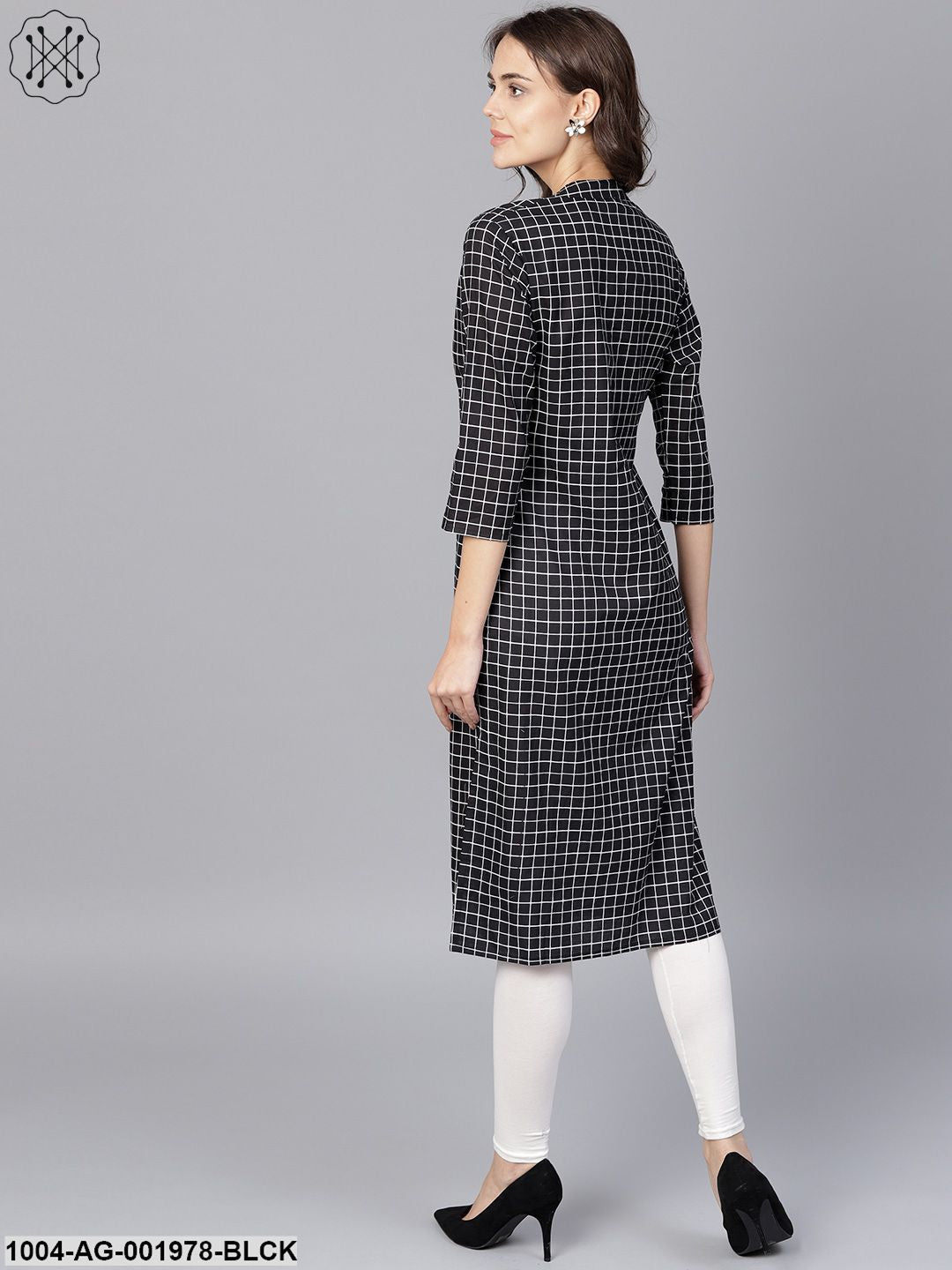 Black Check 3/4Th Sleeve Cotton Kurta