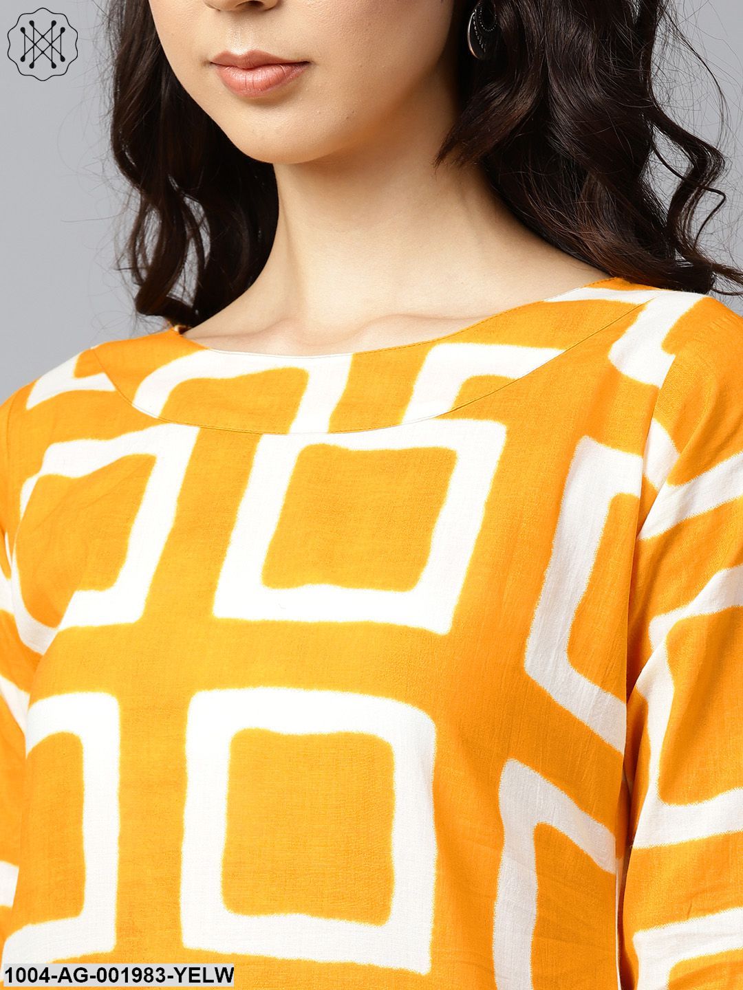 Yellow Printed 3/4Th Sleeve Cotton Straight Kurta