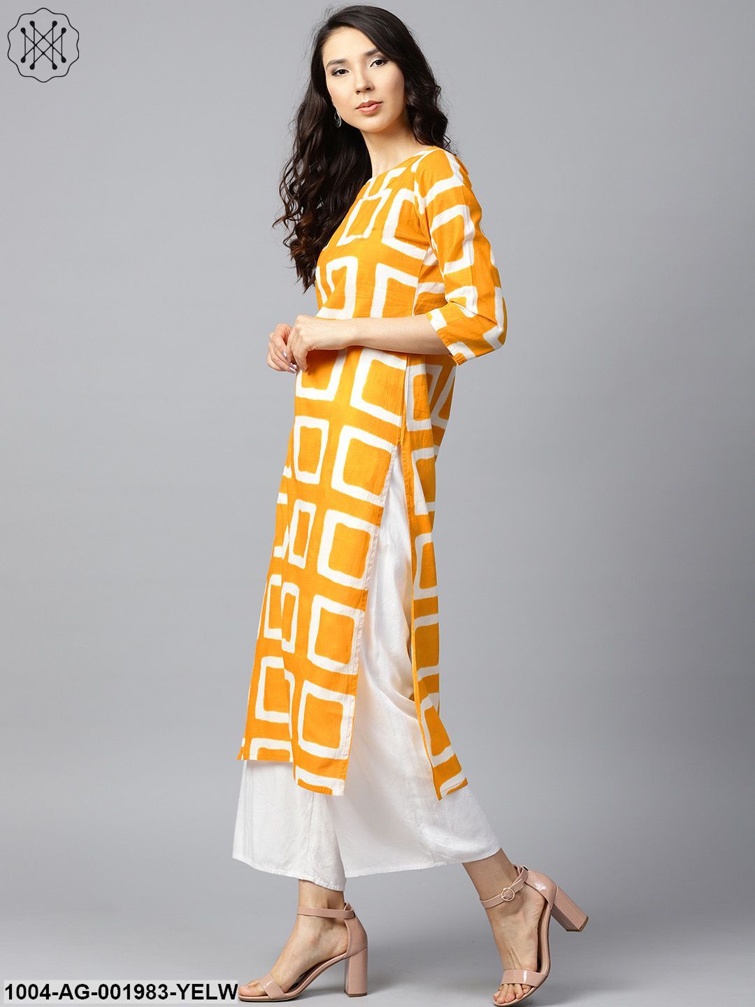 Yellow Printed 3/4Th Sleeve Cotton Straight Kurta
