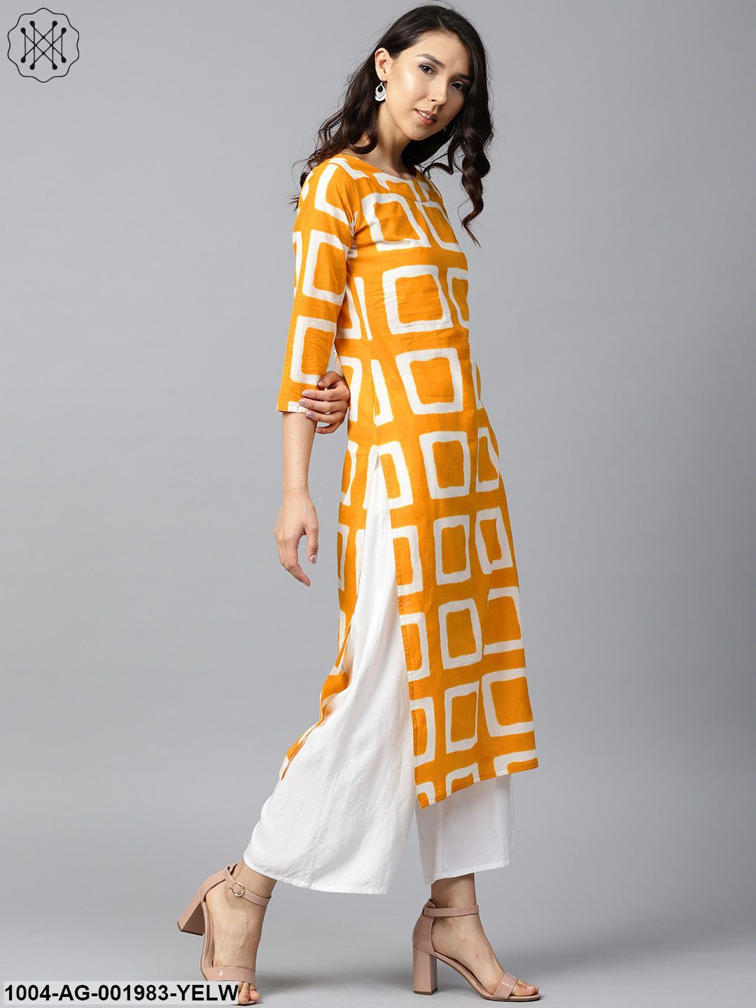 Yellow Printed 3/4Th Sleeve Cotton Straight Kurta