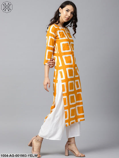 Yellow Printed 3/4Th Sleeve Cotton Straight Kurta