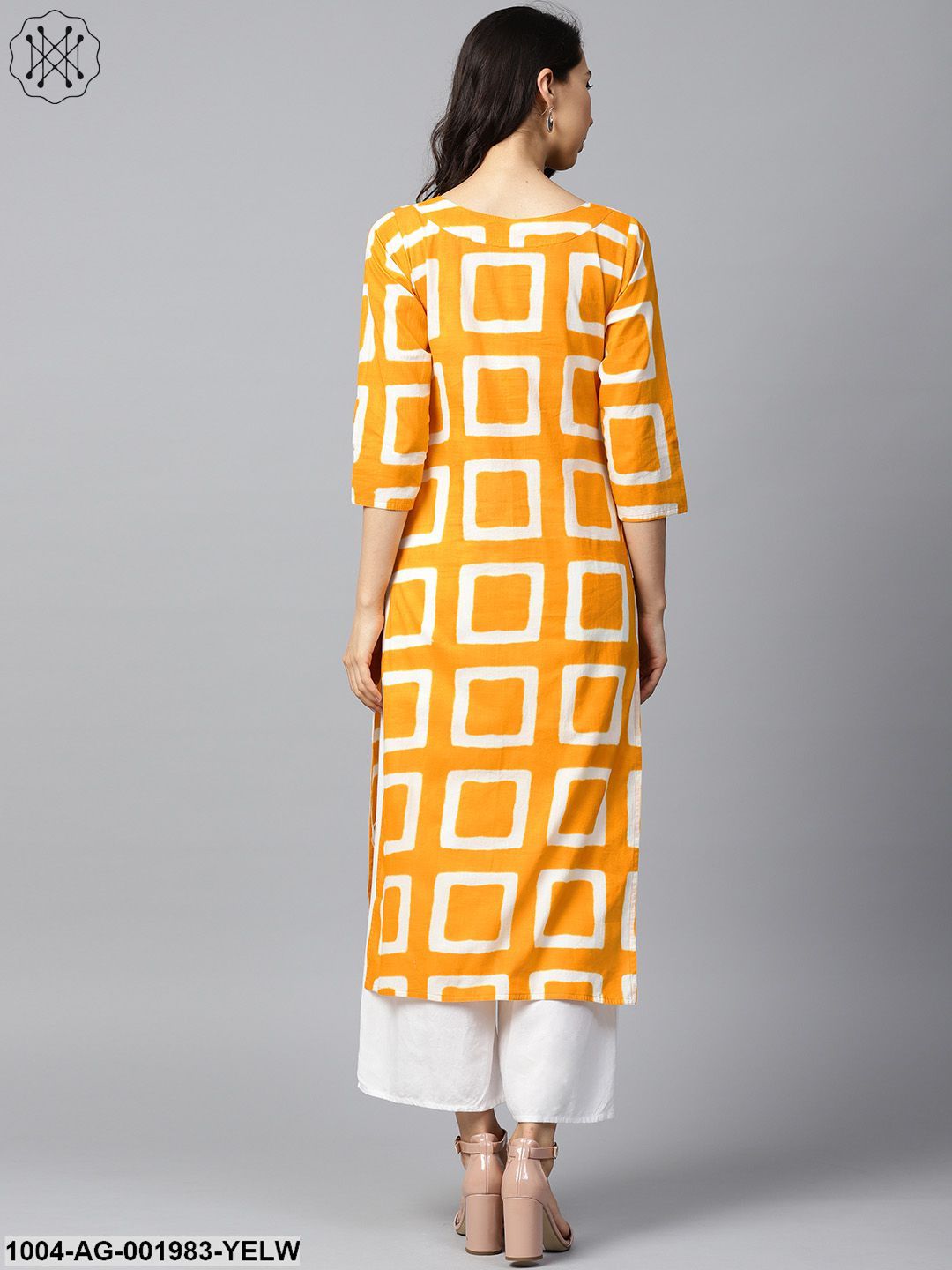 Yellow Printed 3/4Th Sleeve Cotton Straight Kurta