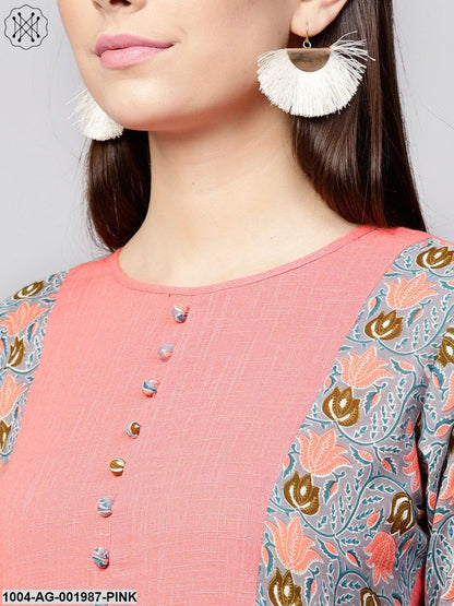 Pink Half Sleeve Cotton Slub Printed Anarkali Kurta