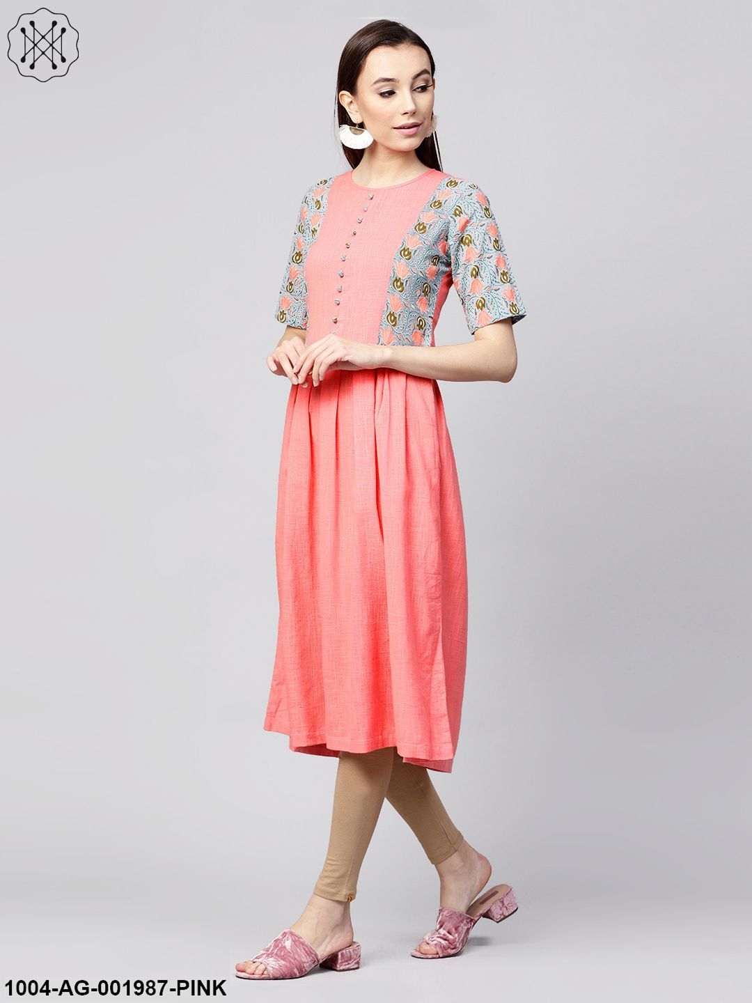 Pink Half Sleeve Cotton Slub Printed Anarkali Kurta