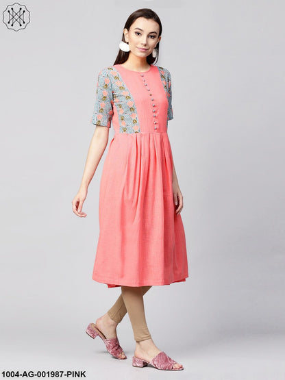 Pink Half Sleeve Cotton Slub Printed Anarkali Kurta