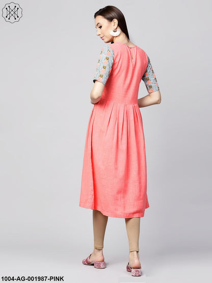 Pink Half Sleeve Cotton Slub Printed Anarkali Kurta