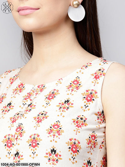 Off White Printed Sleeveless Cotton Flax Anarkali Kurta