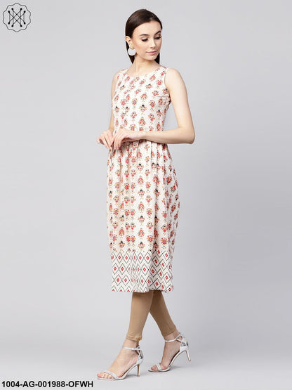Off White Printed Sleeveless Cotton Flax Anarkali Kurta