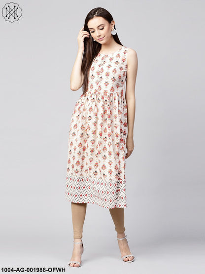 Off White Printed Sleeveless Cotton Flax Anarkali Kurta