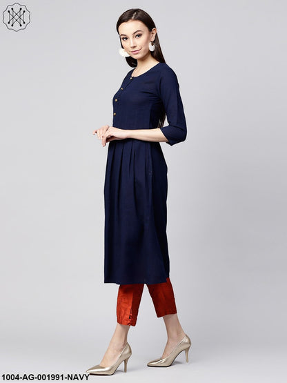 Solid Navy Blue 3/4Th Sleeve Cotton Slub Anarkali Kurta