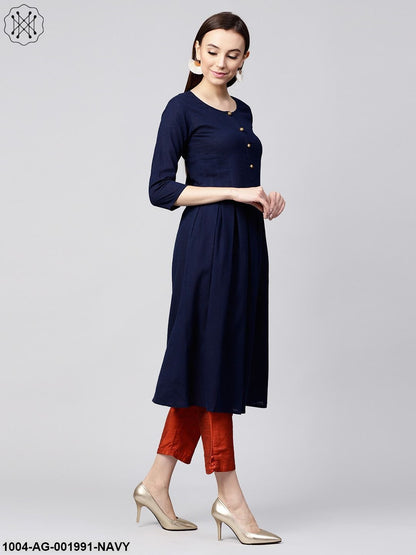 Solid Navy Blue 3/4Th Sleeve Cotton Slub Anarkali Kurta