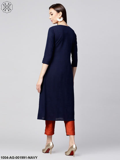 Solid Navy Blue 3/4Th Sleeve Cotton Slub Anarkali Kurta