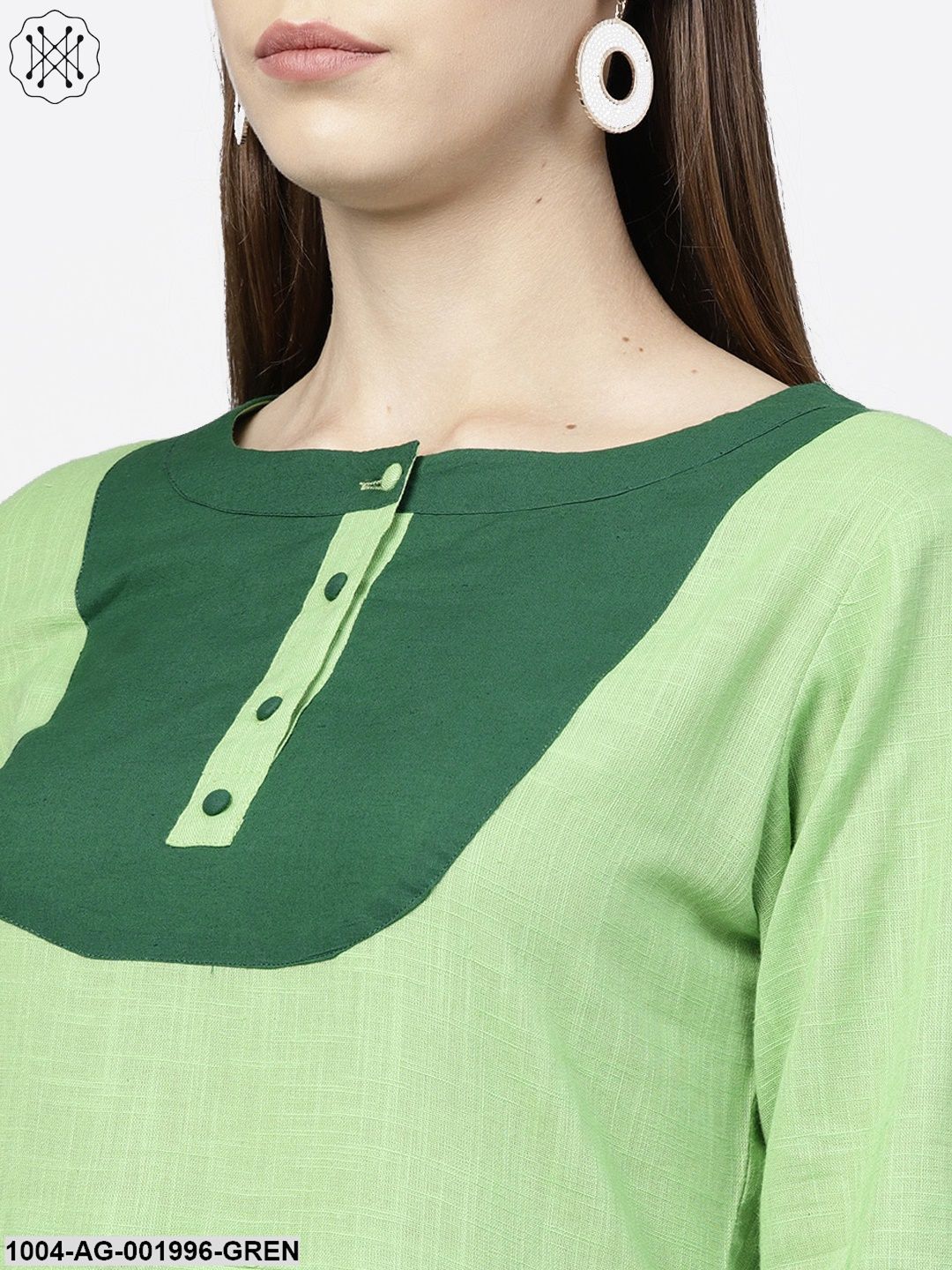 Solid Green 3/4Th Sleeve Flap Style Sleeve A-Line Kurta