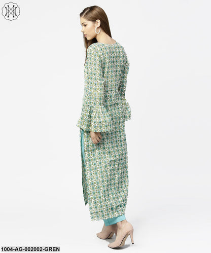 Green Printed Full Sleeve Cotton Long Straight Kurta