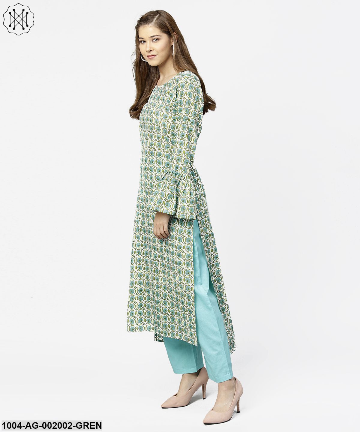 Green Printed Full Sleeve Cotton Long Straight Kurta