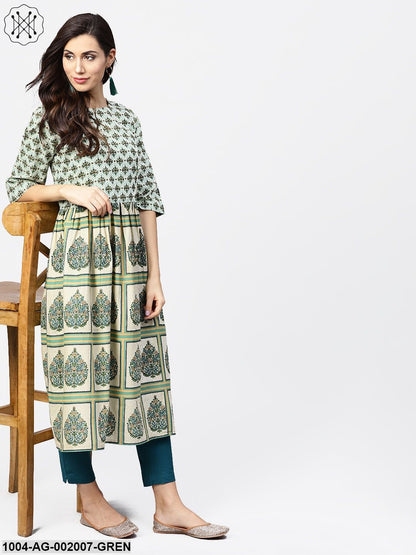 Green Printed Half Flared Sleeve A-Line Kurta