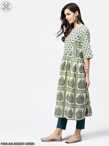 Green Printed Half Flared Sleeve A-Line Kurta