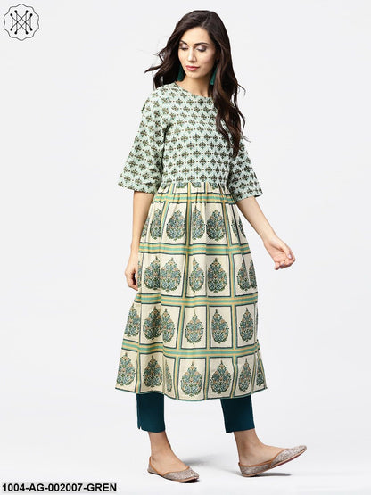 Green Printed Half Flared Sleeve A-Line Kurta