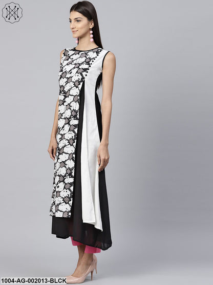 Black Sleeveless Cotton A-Line Kurta With Printed Layer