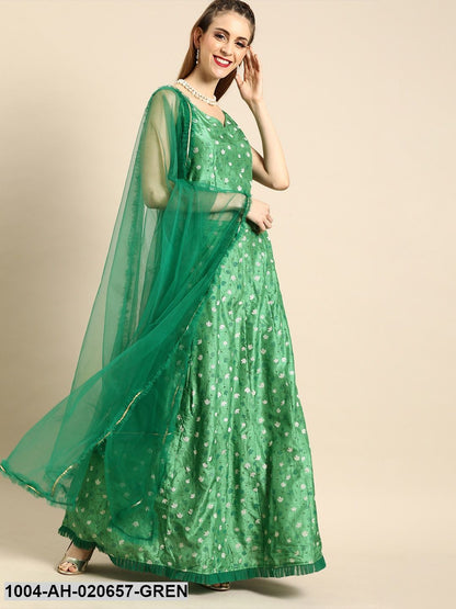 Green & White Printed Ready to Wear Lehenga & Blouse with Dupatta