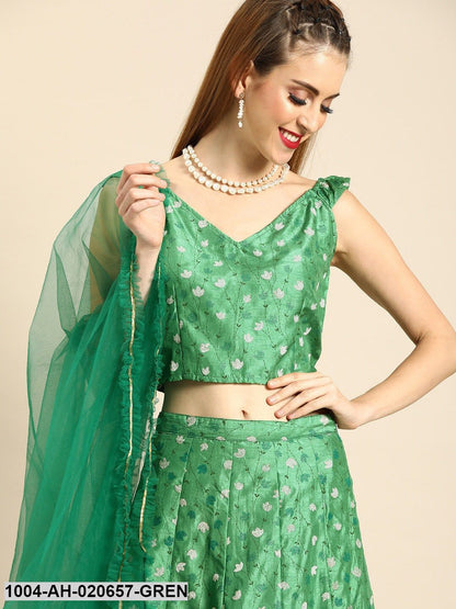 Green & White Printed Ready to Wear Lehenga & Blouse with Dupatta