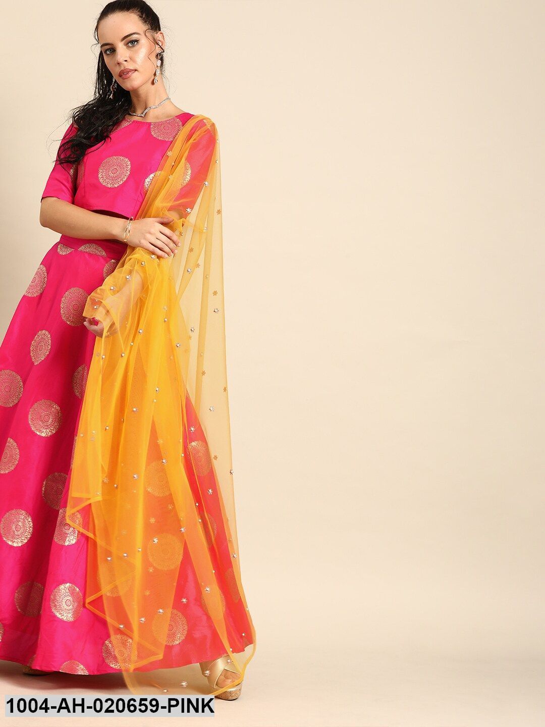 Pink & Yellow Printed Ready to Wear Lehenga & Blouse with Dupatta