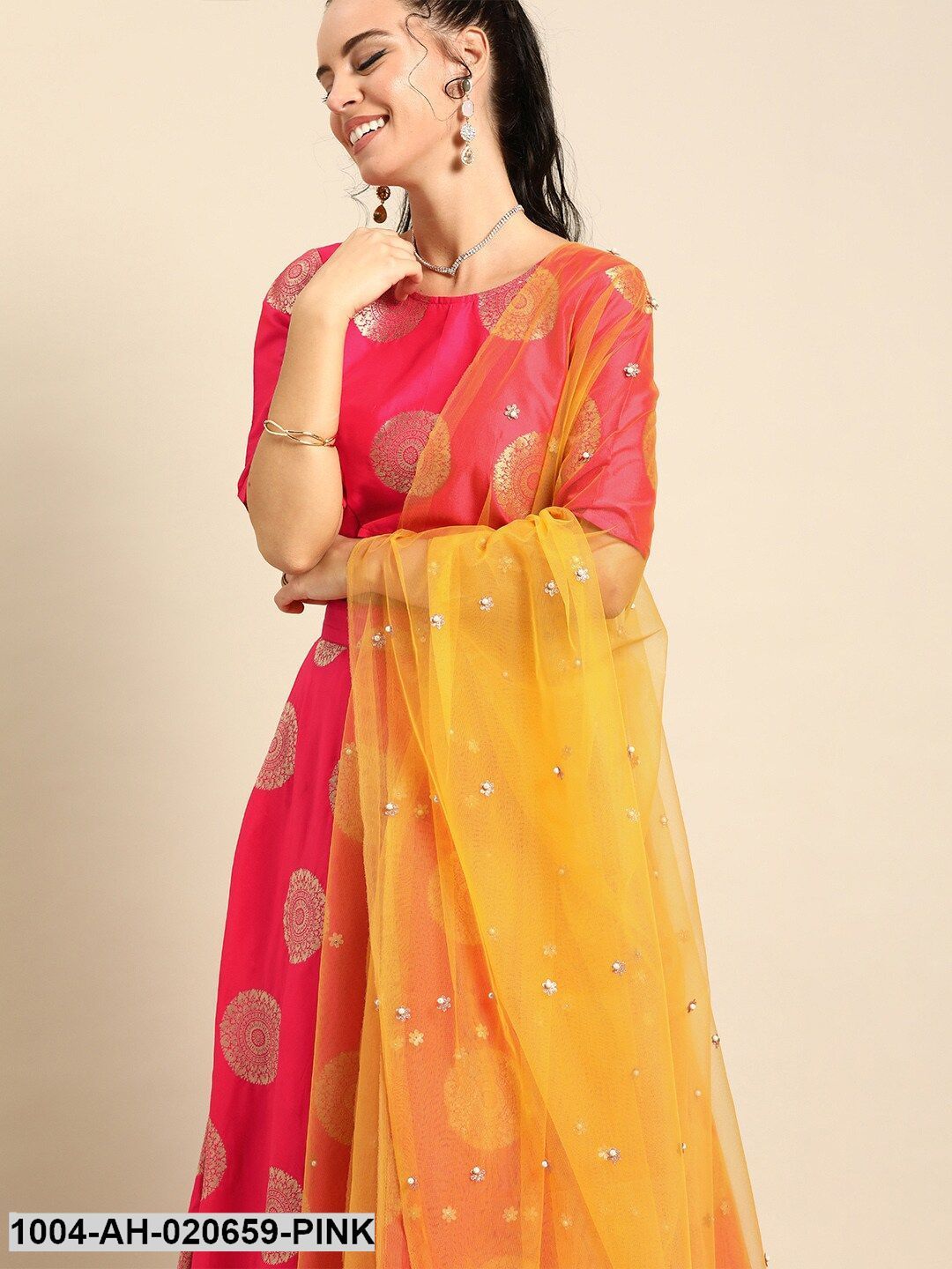 Pink & Yellow Printed Ready to Wear Lehenga & Blouse with Dupatta