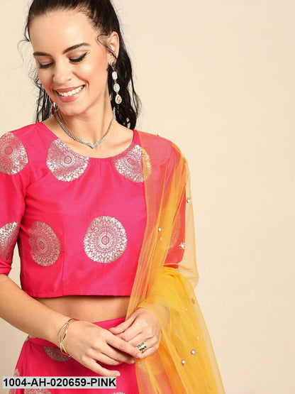 Pink & Yellow Printed Ready to Wear Lehenga & Blouse with Dupatta