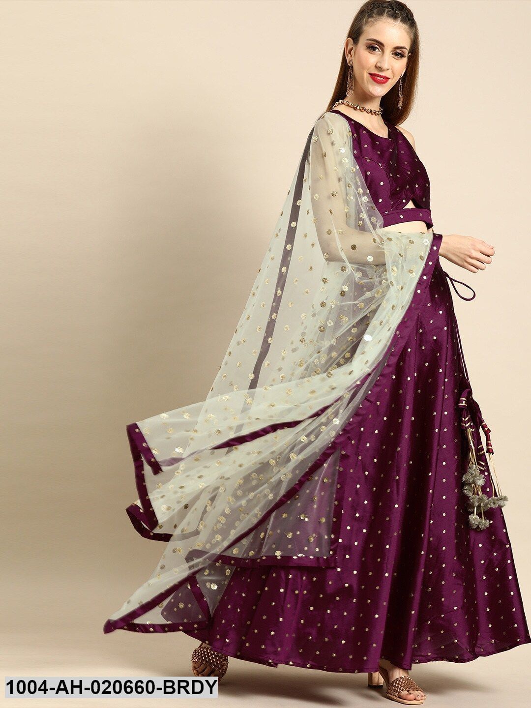 Burgundy & Green Woven Design Ready to Wear Lehenga & Blouse with Dupatta