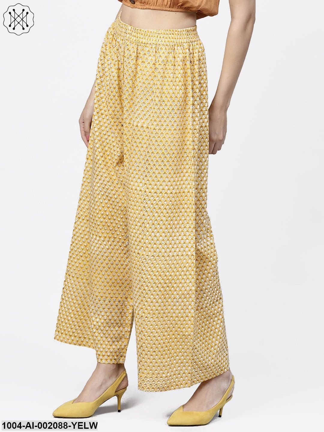 Yellow Printed Ankle Length Cotton Regular Fit Palazzos