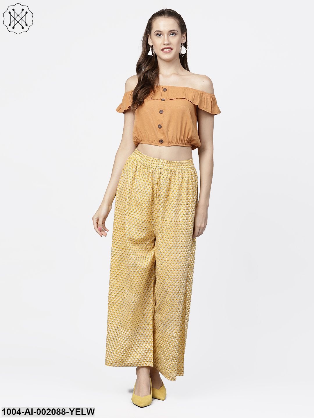 Yellow Printed Ankle Length Cotton Regular Fit Palazzos