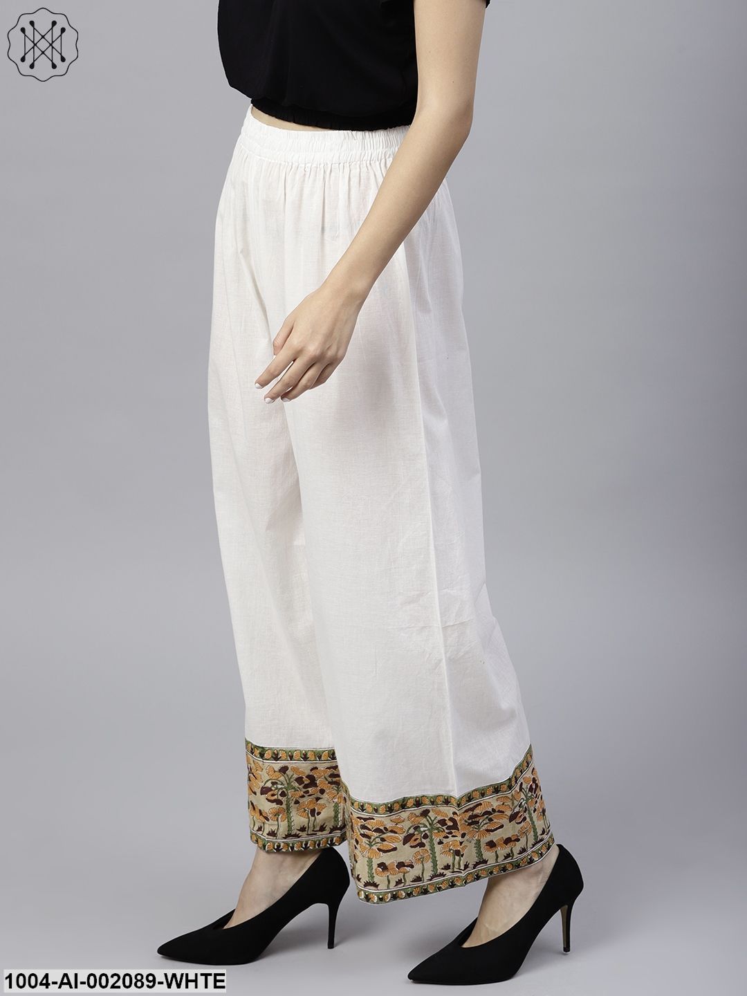 White Ankle Length Cotton Regular Fit Palazzos With Border Printed
