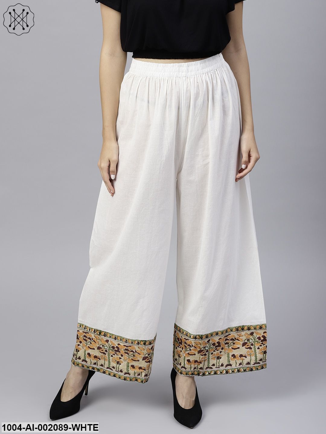 White Ankle Length Cotton Regular Fit Palazzos With Border Printed