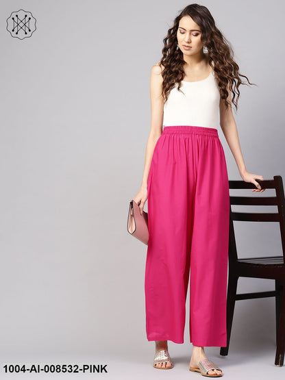 Solid Pink Cotton Ankle Length Palazzo