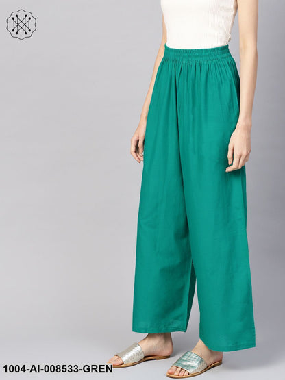 Solid Green Cotton Ankle Length Palazzo