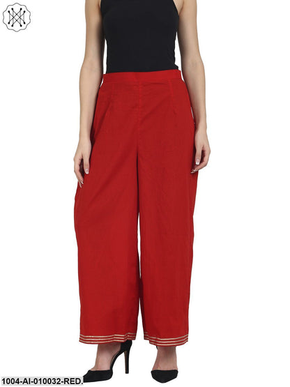 Red Printed Cotton Ankle Length Kurta Gotta Lace